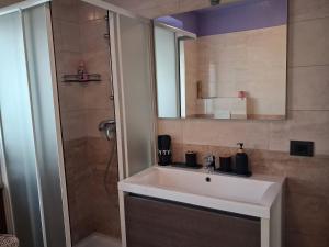 a bathroom with a white sink and a shower at Dai Barèta in Dare +14 photos