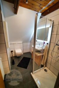 a bathroom with a shower and a toilet and a sink at Waldruhe 37 inkl Bettwäsche und Handtücher, schlüsselloser Self-Check-in in Bad Arolsen +15 photos