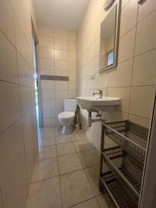 a bathroom with a toilet and a sink at Sosenkowo Domki Letniskowe in Pobierowo +145 photos
