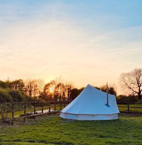 a tent in a field with the sunset in the background at Maesbury Meadows in Binegar