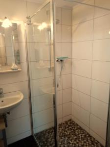 a bathroom with a shower and a sink at Fischstuebchen Neeberg in Krummin