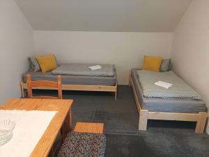 a room with two beds and a table at Ubytování Iris in Dolany