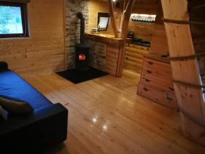 a living room with a fireplace in a log cabin at Pod Milanem in Przemyśl