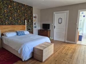 a bedroom with a large bed and a tv at Le Voltaire in Airvault