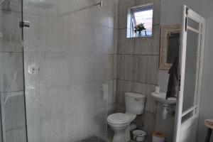 a bathroom with a toilet and a glass shower at Cozy Rustic Cottage in Windsor Park +9 photos