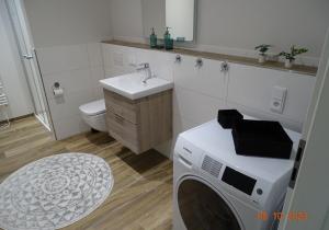 a bathroom with a washing machine and a sink at Ferienwohnungen in Borkheide in Borkheide +22 photos