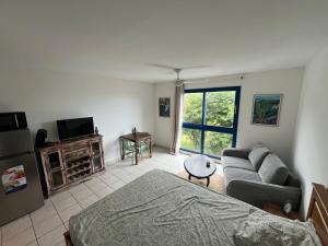 a living room with a bed and a couch at Petite Case cade in Sainte-Marie