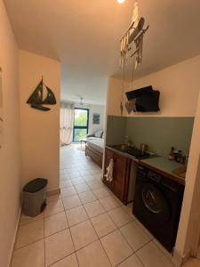 a kitchen with a washing machine in a room at Petite Case cade in Sainte-Marie