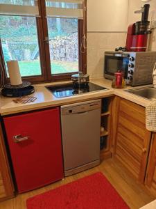 a kitchen with a red refrigerator and a sink at U čerchovského pramene in Pec