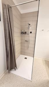 a shower with a glass door in a bathroom at Studio Ty Lys lumineux, climatisé, balcon, parking gratuit Classé 3 étoiles in Blois