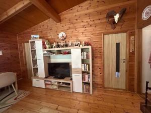 a living room with a television and a book shelf at U čerchovského pramene in Pec