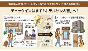 a cartoon of people walking outside a building at ウエストワン サウス106Hanatebako in Hitoyoshi
