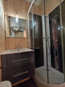 a bathroom with a sink and a shower at La Tanière in Ustou +36 photos