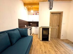 a living room with a blue couch in a kitchen at Chalupa Renatka in Hartvíkovice