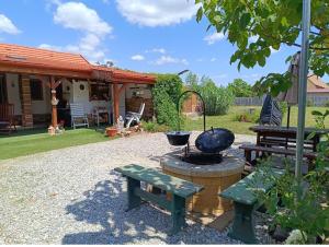 a backyard with a grill and a bench and a fire pit at Tisza-tavi Menedék in Poroszló