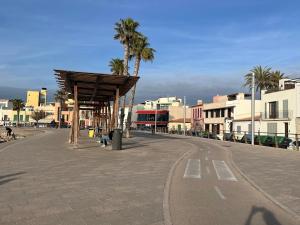 an empty street with palm trees and buildings at BluehousePortixol Mallorca in Palma de Mallorca