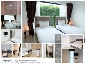 un collage de fotos de un dormitorio con cama y ventana en me2 Singhamuntra Resort Kamphaengsaen, en Kamphaeng Saen
