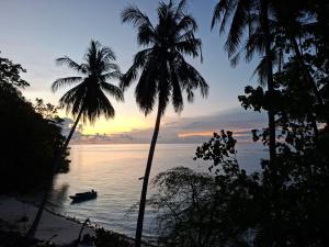two palm trees and a boat in the water at sunset at Banua Guesthouse in Pulau Malenge