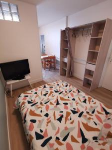 a bedroom with a bed with a colorful comforter at Studio au coeur pays basque in Ustaritz