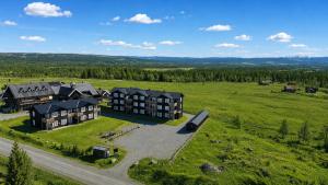 an aerial view of a large house in a field at Golsfjellet Apartment with Sauna in Gol