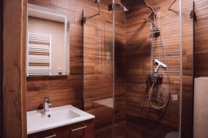a bathroom with a sink and a shower at Sanatorium Dedal in Polańczyk +41 photos