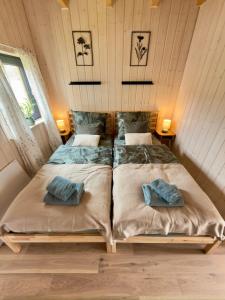 a bedroom with two beds in a small room at Domki Pod Stromcem in Czernica