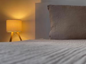 a bedroom with a bed with a lamp and a pillow at Waldliebe Spiegelhütte - Ferienwohnung am Bach in Lindberg