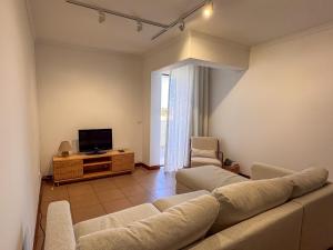 a living room with a couch and a tv at Refúgio dos Arrifes in Vila Baleira