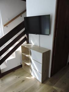a living room with a tv on a wall at Chez Aless in Ovronnaz