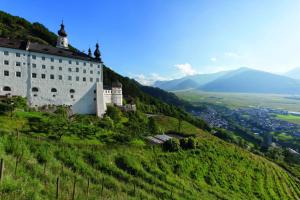 a castle on a hill with mountains in the background at Sesvennahof in Malles Venosta
