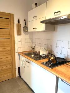 a kitchen with a sink and a counter top at Grądy-Woniecko Place in Grądy +17 photos
