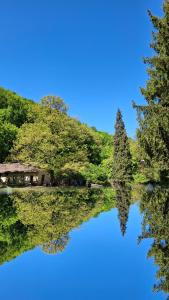 a reflection of a house and trees in a lake at Hamvaskői Vadászház in Pilismarót