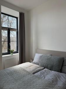 a white bed in a bedroom with a window at Penzion Klas in Měřín