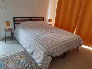 a bedroom with a bed with a checkered blanket at Les Jasmins in Montaud