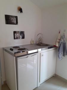 a kitchen with a sink and a counter top at Les Jasmins in Montaud
