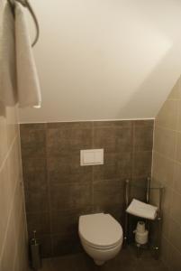 uma casa de banho com um WC e uma parede em azulejo em Gospodarstwo Kochańscy em Stargard
