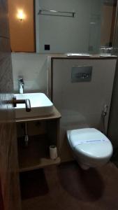 a bathroom with a white toilet and a sink at Hotel Aravali in Mount Ābu