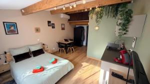 a bedroom with a bed with red pillows on it at Studio avec jardin privé et parking gratuit in Mudaison