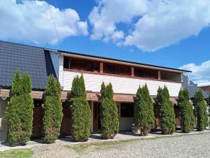 a row of trees in front of a building at Motel KOKOS in Kosiv