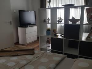 a living room with a flat screen tv on a shelf at Apartma Thermos in Krapinske Toplice