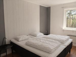 two twin beds in a room with a window at Solbacka Apartment in Södra Ås
