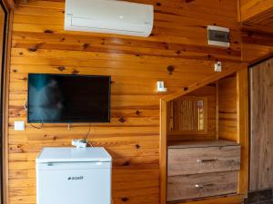a living room with a flat screen tv on a wooden wall at Atıcı 2 Hotel in Adrasan