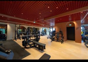 a gym with several treadmills and machines in it at Suite Luxury Pipera and Spa in Bucharest