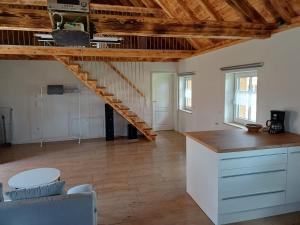 a kitchen and living room with a wooden ceiling at Ferienwohnung Landlust in Treuchtlingen +5 photos