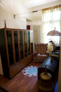 a living room with a large glass cabinet and a rug at Appartamento Le Corti 2 in Alessandria
