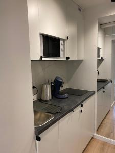 a kitchen with a sink and a microwave at Natalia 2 in Mrągowo