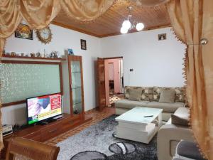 a living room with a couch and a tv at Bujtina Turkaj in Nikshi