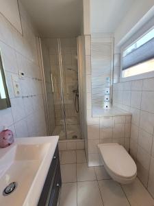 a bathroom with a shower and a toilet and a sink at 4 Sterne Dtv Floating House in Kröslin