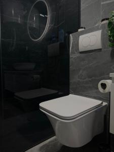 a bathroom with a white toilet and a mirror at AD PRESTIGE Apartment in Gradačac