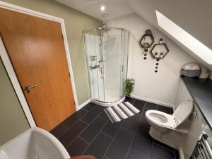 a small bathroom with a shower and a toilet at 6 Pegasus Place in Lerwick +8 photos